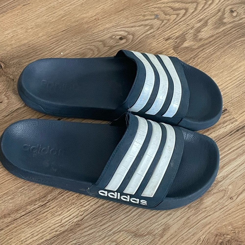 Adidas Navy and White Slide Sandals